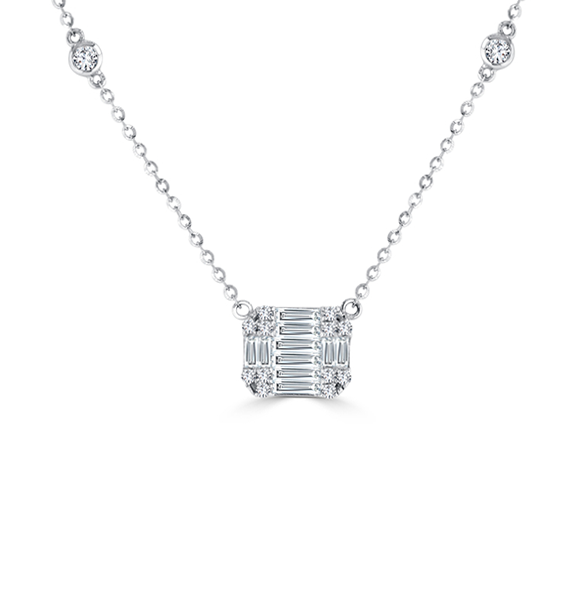White Gold Baguette and Round Diamond Square Pendant